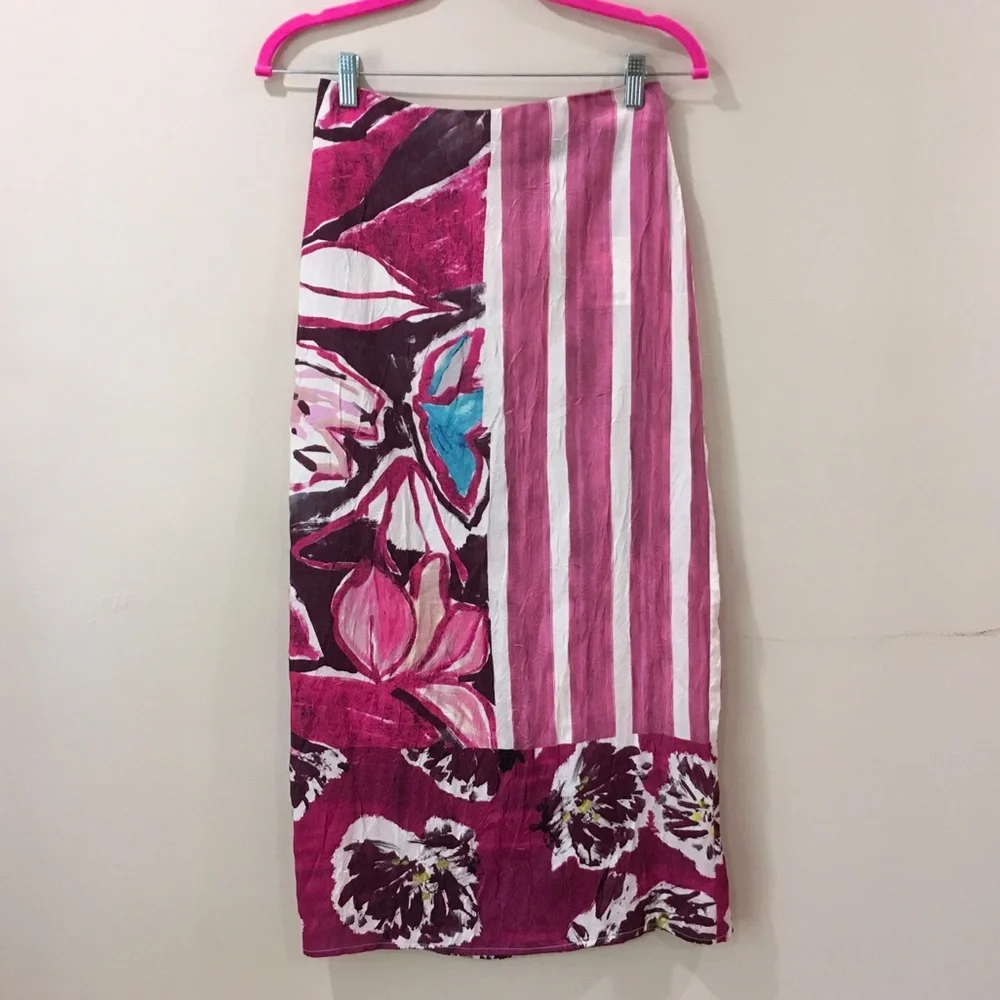 Zara Mixed Print Pink Floral Vertical Stripe High Waist Pencil Skirt Women’s XS - Picture 3 of 8